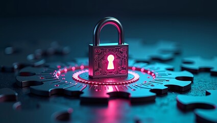 Cybersecurity concept with glowing digital padlock on a puzzle gear, representing data protection and encryption