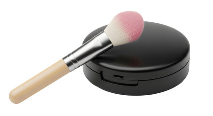 Professional makeup brush and black compact powder case for beauty advertising and cosmetics. isolated PNG with Transparent Background