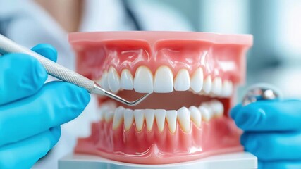 dentist demonstrating dental care using tooth model and metal tools in clinic showing oral hygiene and professional examination real time - Powered by Adobe