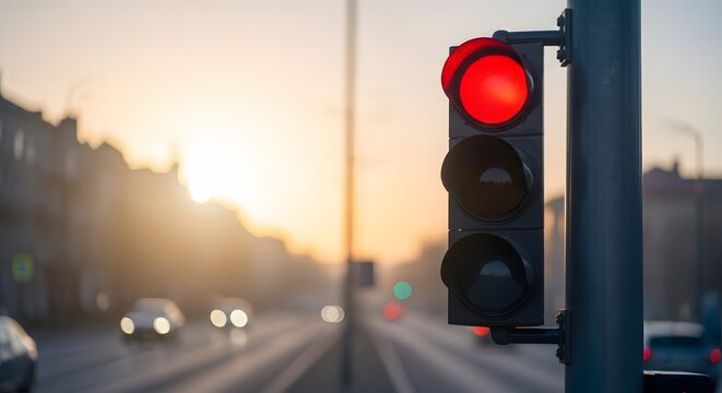 Close up photo of a red traffic light hanging from a pole on the right side of the road