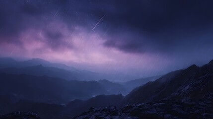 Dramatic mountain landscape under a twilight sky with rain and meteor showers
