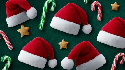 Green background with a bunch of red and white hats and green and red candy canes. The hats are all different sizes and are arranged in a row