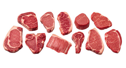 A collection of various raw beef steaks, including ribeye, sirloin, and tbone, isolated on transparent background
