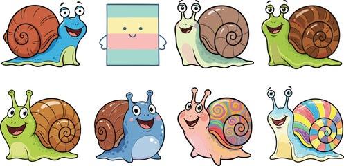 Cartoon snail character set with colorful shells and square friend, playful nature illustrations, kids vector design, stylized garden icons ©  Alexander Creations