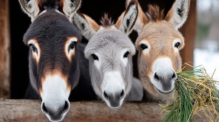 Three donkeys are eating hay in a barn. The barn is made of wood and has a roof
