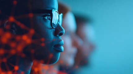 A focused individual with glasses contemplates, illuminated by a blue background and overlayed with abstract digital patterns, suggesting innovation and thought.
