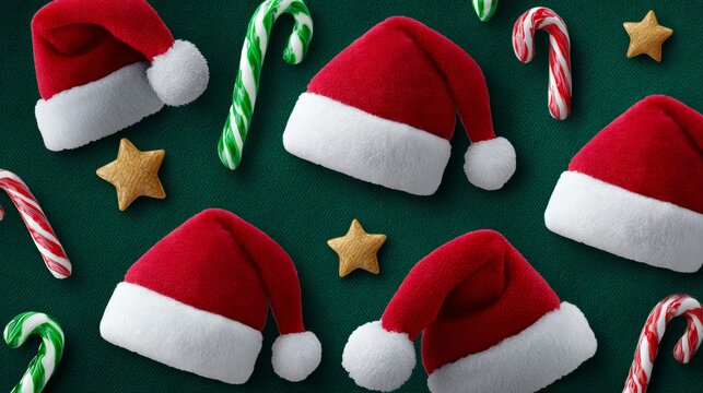 Green background with a bunch of red and white hats and green and red candy canes. The hats are all different sizes and are arranged in a row