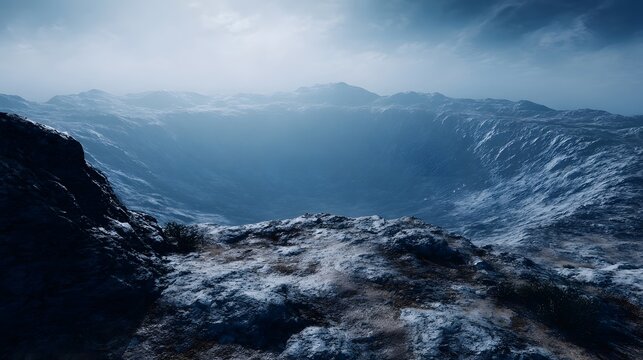 Vast desolate caldera landscape with rugged rocky terrain under a dramatic misty sky