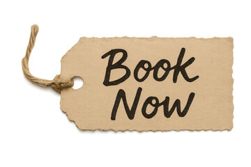 Book now text on a cardboard tag with string, promoting online reservations and service appointment bookings