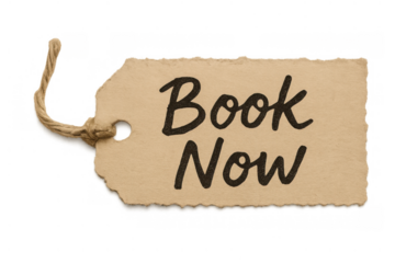 Book now text on a cardboard tag with string, promoting online reservations and service appointment bookings