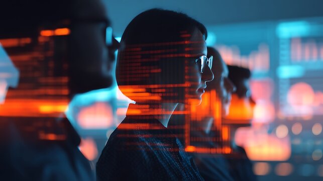 A group of professionals is seen in profile against a backdrop of digital data and graphs, emphasizing technology and teamwork.