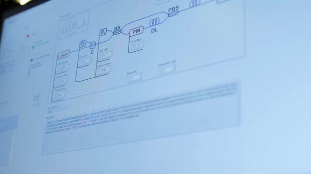 Quantum computing cryptography displaying binary code and optical diagram on screen
