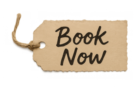 Book now text on a cardboard tag with string, promoting online reservations and service appointment bookings