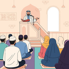 Imam delivering sermon to congregation in mosque, guiding and teaching Islamic principles with reverence and spiritual connection.