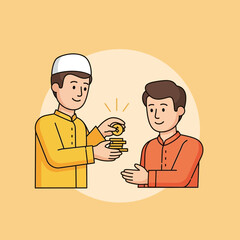 Muslim man giving zakat or alms to another man in need, demonstrating islamic charity and compassion during ramadan, conveying generosity and community spirit.