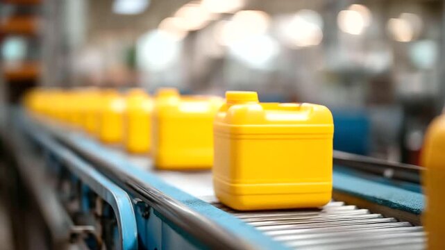 Yellow jerry cans on a factory belt, industrial efficiency in container filling, supply chain dynamics in shipping prep, manufacturing innovation in plastic processing, production