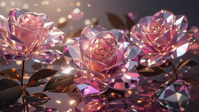 Sparkling crystal roses with pink reflections and glossy petals, luxury fantasy bouquet with shining leaves and glowing bokeh on elegant background.