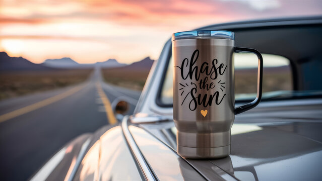 Chase the Sun - Insulated Tumbler on Desert Highway at Golden Hour Sunset