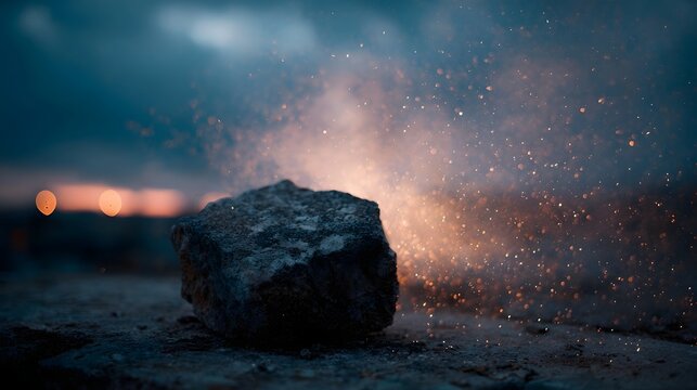 A solitary rock sits on rough ground amidst a dramatic cloud of glowing particles at twilight