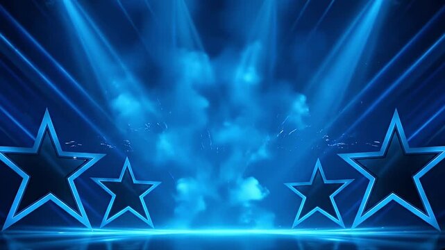 This dynamic video features a dazzling stage bathed in vibrant blue spotlights and atmospheric smoke. Flanking the center are sleek, illuminated star structures, adding to the grandeur. Pyrotechnic fo