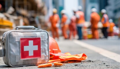 Emergency Medical Kit and Safety Equipment on Roadside During Construction Work