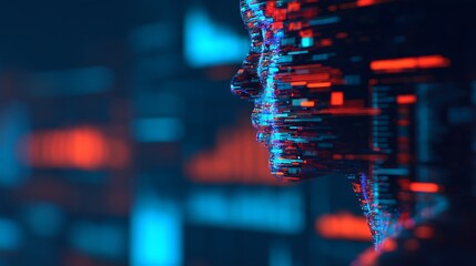 A digital representation of a human face composed of vibrant blue and red lines, symbolizing technology and data integration.
