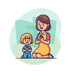 Mother and child praying together in front of a church, seeking guidance and expressing faith with reverence and devotion.