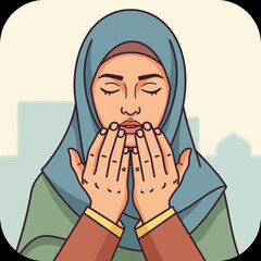Muslim woman in hijab praying with hands raised in serene spiritual contemplation during ramadan, seeking blessings and guidance from allah.