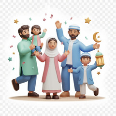 Happy muslim family celebrating eid alfitr with traditional clothing and decorations, expressing joy and togetherness during the festive occasion.