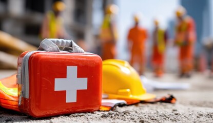 Emergency Medical Kit and Safety Gear on Construction Site with Workers in