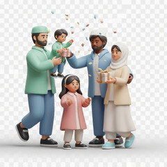 Happy muslim family celebrating eid alfitr with gifts and confetti in a festive and joyful atmosphere, expressing love and togetherness.
