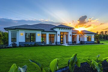 Beautiful Sunrise Over Modern Luxury House with Vibrant Green Garden