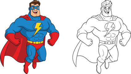 Cartoon superhero character illustration set, full-color and outline versions, flying pose with cape and lightning symbol, vector clipart, design asset