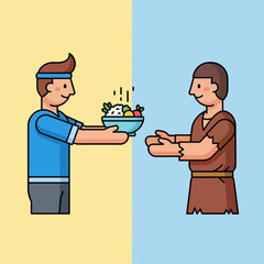 Man offers healthy salad to another man in need, symbolizing charity and compassion on a split blue and yellow backdrop, conveying a message of kindness.