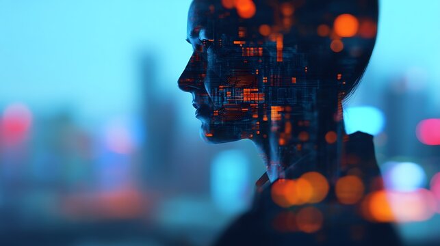 A profile silhouette of a woman overlaid with vibrant digital circuits against a blurred cityscape background, symbolizing technology and innovation. - Powered by Adobe