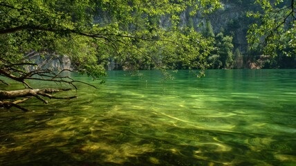 Obraz premium Serene lake with overhanging trees in sunlit forest. AI image