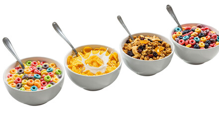 Four bowls of breakfast cereal with milk and spoons isolated on transparent background