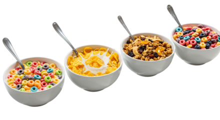 Four bowls of breakfast cereal with milk and spoons isolated on transparent background