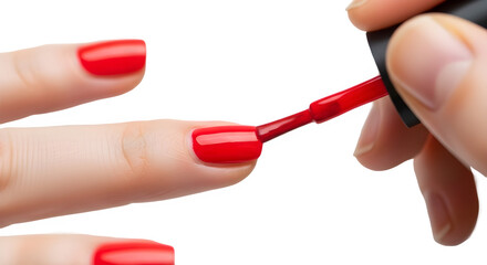 Close-up of female hand applying vibrant red nail polish during a beauty manicure session. isolated PNG with Transparent Background