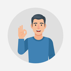 Smiling man in blue shirt showing okay gesture against a light gray circle, conveying positivity and agreement in a simple, friendly manner.
