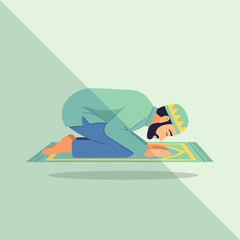 Muslim man praying on rug in mosque during ramadan, showing devotion and faith in spiritual practice.