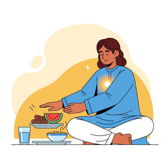 Meditating woman reaches for healthy food on plates in serene indoor setting, promoting wellness and mindful eating.