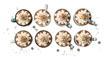 Top view of eight mugs filled with hot chocolate topped with whipped cream, marshmallows, and sprinkles, isolated on transparent background