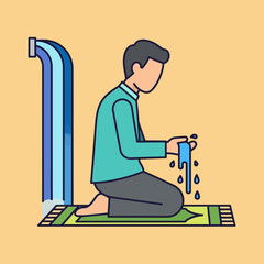 Muslim man performing ablution ritual before prayer in mosque with water flowing, demonstrating religious devotion and cleanliness.