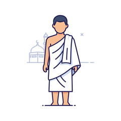 Pilgrim wearing ihram clothing standing in front of the Kaaba in Mecca during the Hajj pilgrimage, symbolizing faith and devotion.