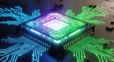 Futuristic microchip motherboard glowing with vibrant colors, symbolizing high tech advancement and data processing power for cutting edge technology solutions