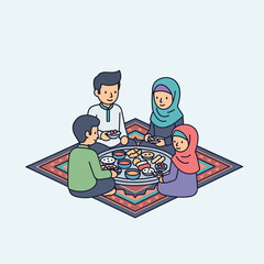 Muslim family sharing a meal together on a carpet at home, enjoying each other's company and celebrating their culture in a warm and inviting atmosphere.