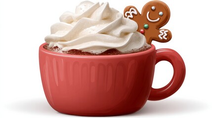 Cup of hot chocolate with a cookie on top. The cookie is a gingerbread man. The cup is red and the cookie is decorated with green and red icing