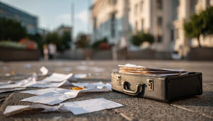 Empty briefcase surrounded by scattered papers on city street pavement during daytime
