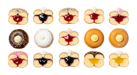 Assortment of colorful donuts and pastries filled with jam and cream, isolated on transparent background